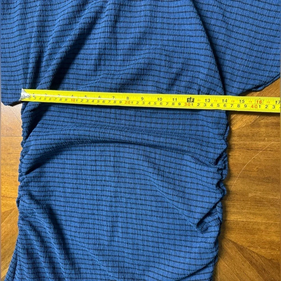 Bimba Y Lola Midi Dress Blue Black Stripe Side Rouching Flounce Bottom Size Med - Picture 6 of 9